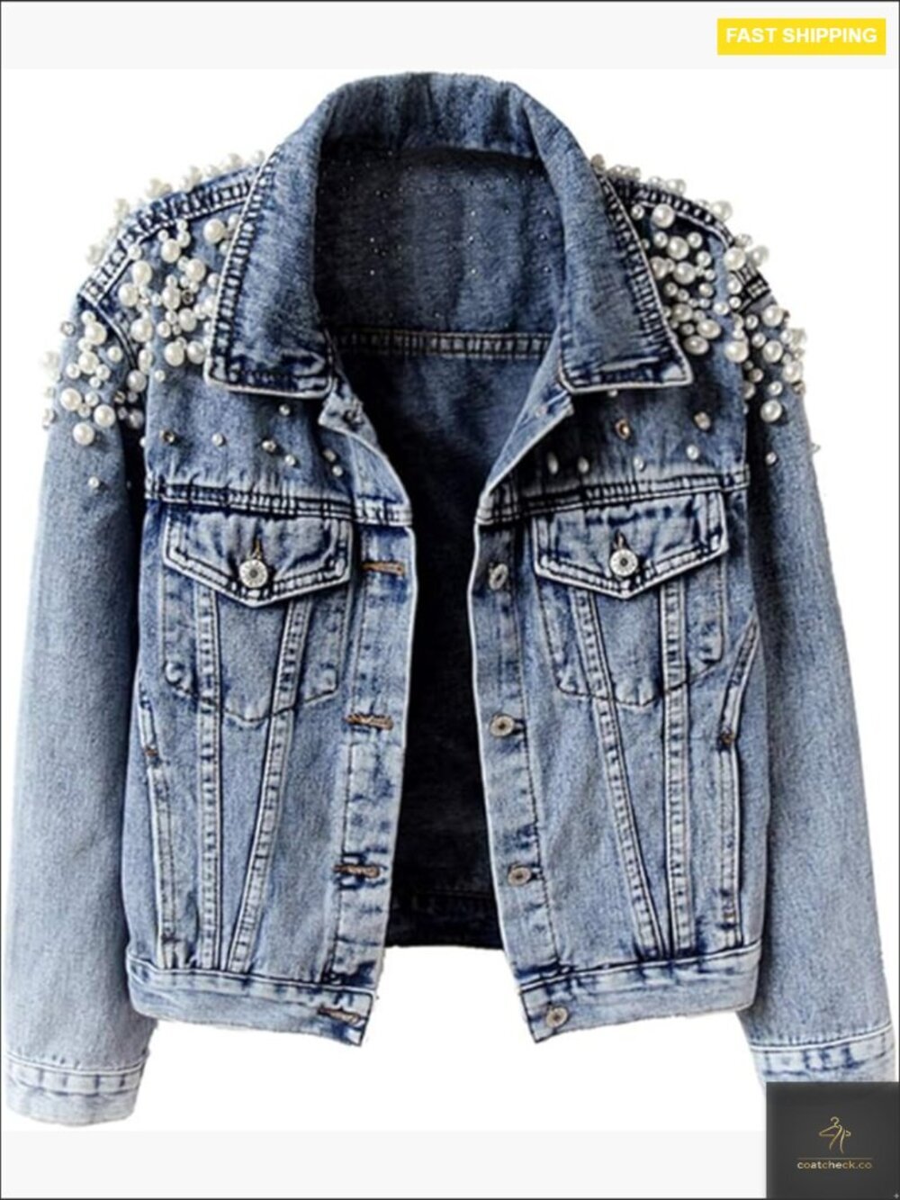 Embroidered Denim Jacket Pearl Beading Distressed Boyfriend Fit Classic Style